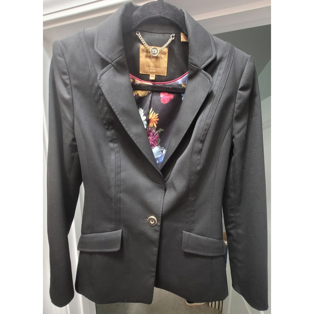 Ted Baker Women's Working Title Black Blazer Jacket Floral Lined Wool Blend Sz 1